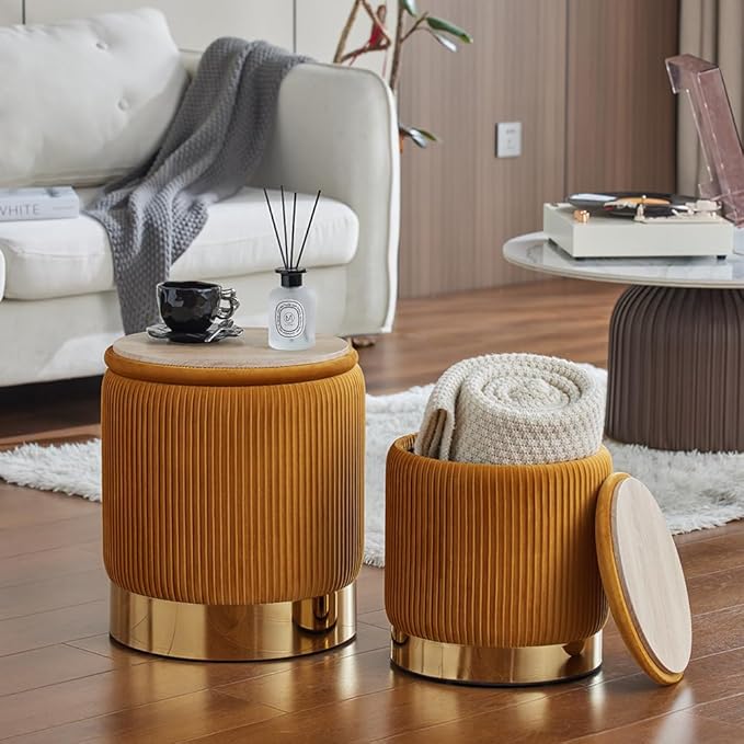 Round Ottoman with Storage Set of 2 Upholstered Velvet Vanity Stool for Living Room Storage Ottoman Multifunctional Foot Rest for Bedroom (Orange)