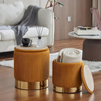 Round Ottoman with Storage Set of 2 Upholstered Velvet Vanity Stool for Living Room Storage Ottoman Multifunctional Foot Rest for Bedroom (Orange)