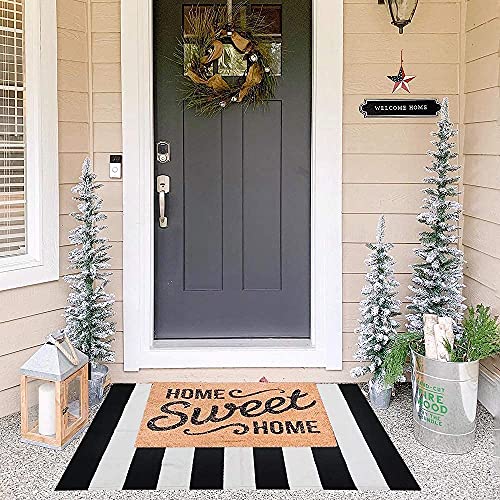 CAINANEL Black and White Striped Outdoor Rug 27.5X 43 inches Front Door Mat Hand-Woven Cotton Indoor/Outdoor for Layered Mats,Welcome Mat, Porch,Farmhouse,Kitchen,Entry Way - color: Black&white Stripe D, size: 2'4" x 3'7" (Rectangular)