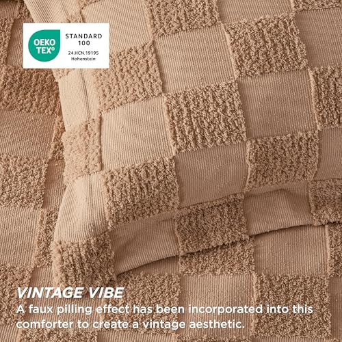 Bedsure Taupe Queen Size Comforter Set, Boho Tufted Bed Set, Checkered Farmhouse-Style Distressed Vintage Bedding, 3 Pieces, 1 Plaid Geometric Comforter and 2 Pillow Shams - color: 01 - Taupe - Tufted Checkboard, size: Queen