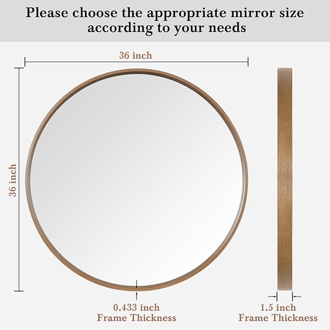WallBeyond Round Wood Mirror, 36" Round Modern Decoration Large Circle Wall Mirror for Bathroom Living Room Bedroom Entryway, Honey