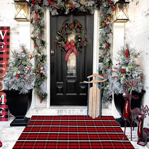 Buffalo Plaid Outdoor Rug Christmas Door Mat Christmas Decor Welcome Rug Cotton Hand-Woven Layered Door Mats for Front Porch, Kitchen, Farmhouse, Entryway (27.5"x43", Red/Black/White) - color: Red/Black/White Plaid, size: 2'4" x 3'7" (Rectangular)