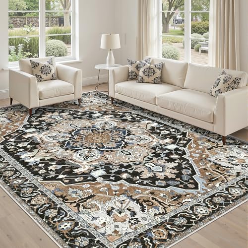 5x7 Black Boho Vintage Rug - Washable Low Pile Non-Slip Carpet for Moody Living Room, Bedroom, Dining Room - Dark Farmhouse Retro Area Rug for Office, Indoor Decor, Black Multi - color: Black & Multi, size: 5' x 7' (Rectangular)