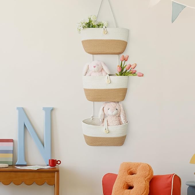 TeoKJ Over the Door Hanging Baskets with Wooden Button, 3-Tier Wall-Mounted Decorative Nursery Kitchen Baskets, White & Jute