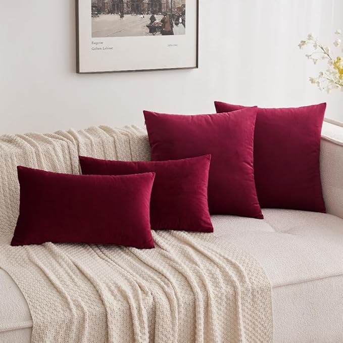 MIULEE Pack of 2 Velvet Soft Solid Decorative Throw Pillow Covers Burgundy Pillowcases for Sofa Bedroom Couch Car,18x18 Inch Wine Red