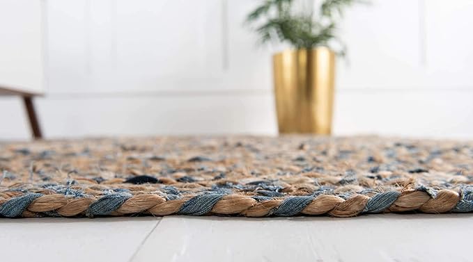Unique Loom Braided Chindi Collection Casual Modern Blue/Tan Area Rug (5' 0 x 8' 0)