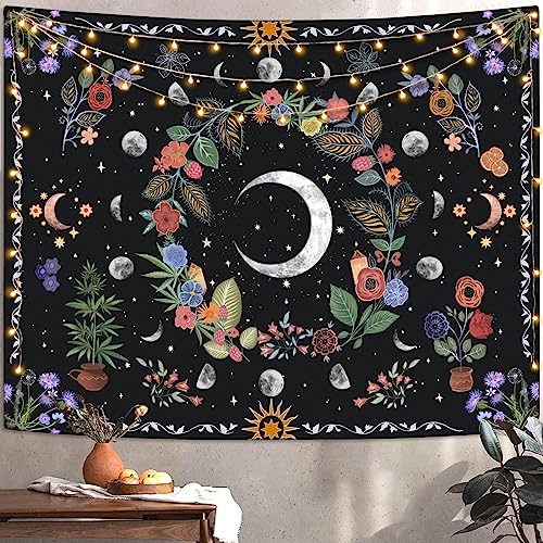 Kanuyee Floral Moon Tapestry Flower Tapestry for Bedroom Boho tapestries Wall Hanging Aesthetic for Bedroom and Living Room Moon 60×80 Inches - color: Colorful Black, size: 80"L x 60"W