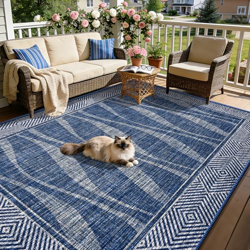 Jute Rug 8x10 Outdoor Patio Rug with Border, Washable Rugs Farmhouse Non Slip Living Room Rugs with Rubber Backing Indoor Outdoor, Non Shedding Carpet for Bedroom, Courtyard, Blue - color: Blue, size: 8'x10'