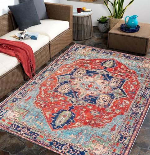 Vintage Tribal Distressed Thin Rug for Living Room Bedroom Diningroom Nursery Playroom Washable Carpet Oriental Boho Art Aesthetic Kitchen Office Hallway Indoor Outdoor Area Rugs 2x3 Blue Red - color: G, size: 2x3ft