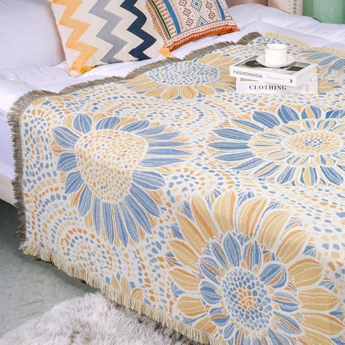 Snycler Flowers and Plants Throw Blanket for Bed 50 * 60inch Woven Blanket Cotton Polyester Farmhouse Decor for Indoor Outdoor Sofa Bedroom Garden，All Season （Sunflower）