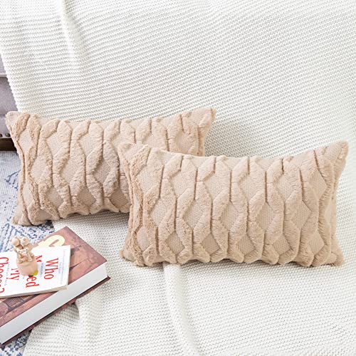 MADIZZ Set of 2 Soft Polyester Short Wool Velvet Decorative Throw Pillow Covers 12x20 inch Khaki Rectangular Luxury Style Cushion Cases Pillow Shell for Sofa Bedroom - color: Khaki, size: 20" x 12" (Pack of 2)