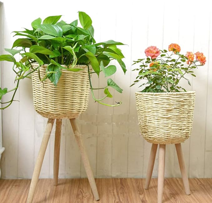 Mid-Century Modern Plant Stand，Unique Handmade Planter Stand Wood Flower Pot Holder， Indoor Plant Display Rack, Set of 2 (Beige)