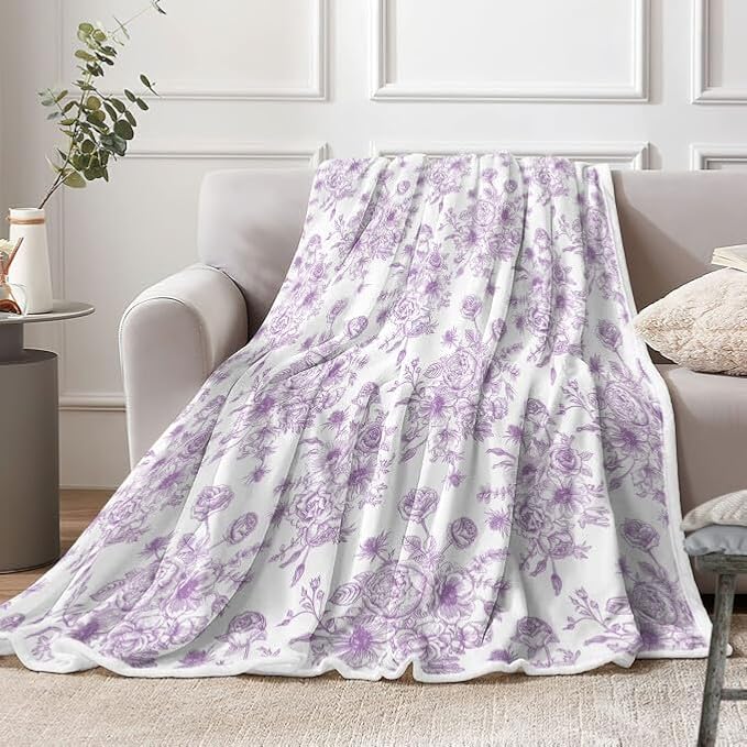 Floral Throw Blanket, Botanical Floral Blanket, Soft, Flannel, Warm, Boho Floral Bed Blanket All Season Flower Throw Blanket for Couch Bedroom Living Room, Purple 60X90 Inch