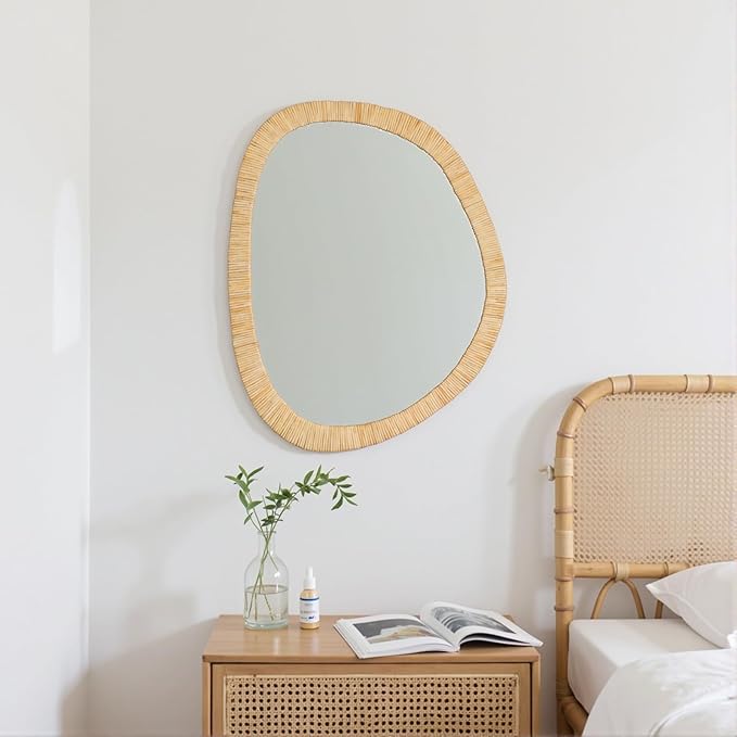 sawsile Rattan Mirror,31.5x25.2 Irregular Boho Bathroom Rattan Farmhouse Wicker Asymmetrical Wood Wall Mirror for Nursery,Bathroom,Living Room,Washroom