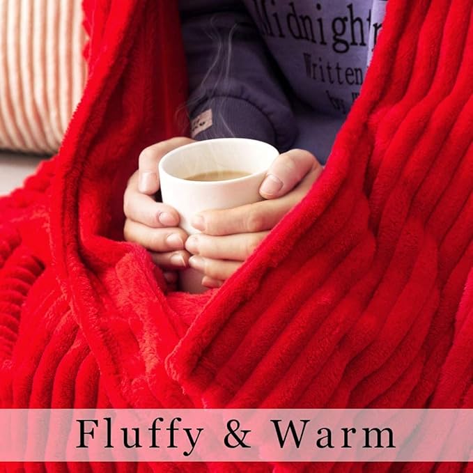 MIULEE Red Fleece Throw Blanket for Couch 300GSM Super Soft Lightweight Plush Striped Throws, Red Warm Cozy Breathable Ribbed Flannel Blanket for Bed/Sofa, Twin Size 60"x80"
