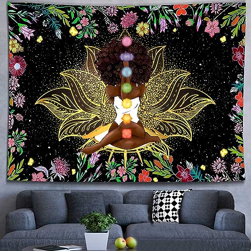 Ine Ive African Chakra Tapestry African American Woman Zen Meditation Tapestries 80x60 Inch Starry Sky Flower Garden Inspirational Afro Yoga Wall Art for Bedroom Dorm Decor - size: 80"L x 60"W
