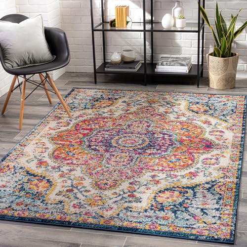 Livabliss Area Rugs - 2x3 Romaine Vintage Boho Fuchsia Mustard Blue Area Rug for Living Room Bedroom - Floral Medallion Stain Resistant Carpet for Kitchen, Nursery, Office (2' x 3') - color: Orange, size: 2' x 3' (Rectangular)