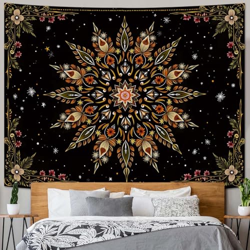 Haibimen Boho Floral Mandala Tapestry Black Gold Bohemian Flower Tapestry for Bedroom Vintage Dark Tapestries Wall Hanging for Living Room, Bedroom, Dorm (Black 4, 60''×44'') - color: Black 4, size: 60''×44''