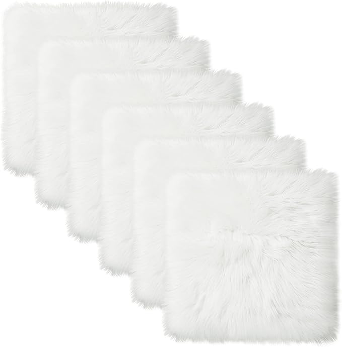 Softlife White Faux Fur Sheepskin Chair Cover 6 PCs Seat Cushion Pad Super Soft Area Rugs for Living Bedroom Sofa Dorm (1.6ft x 1.6ft)