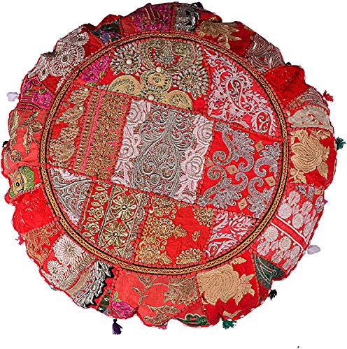 Indian Handmade Patchwork Codework Red Round Pouf Cover Ottoman Floor Pillow Cushion Seating Throw Decorative Pom Pom Pillow Cases Boho 32 Inches,BFPC0108 - color: Red