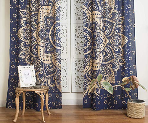 Popular Handicrafts Indian Hippie Bohemian Beautiful Passion Ombre Color Mandala Curtain Panels Blue Gold - color: Blue Gold, size: 25"W x 74"L (Pack of 2)