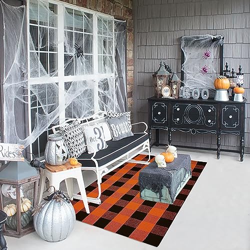 Bottalive Buffalo Plaid Outdoor Rugs, 3'x5' Orange and Black Checkered Indoor/Outdoor Area Rug, Layering Rug for Hello/Welcome Door Mat, Washable Cotton Woven Farmhouse Mat for Fall Front Porch Décor - color: Orange and Black Plaid, size: 3' x 5' (Rectang