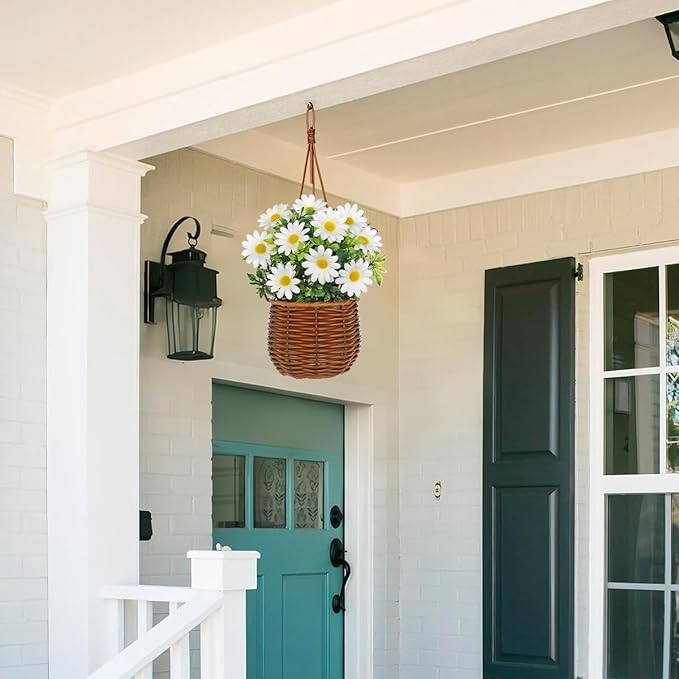 Artificial Daisy Flowers with Hanging Woven Basket, Faux Chrysanthemums in Fake Rattan Planter with Rope, Realistic Floral Arrangement for Home Porch Patio Balcony Indoor Outdoor Summer Decor, White