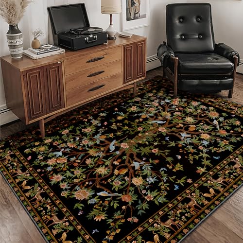 Black Area Rug 4x6.5, Machine Washable Non-Slip Rug, Boho Floral Botanical Soft Low Pile Small Throw Rug for Bedroom, Dining Room - color: Black, size: 6'6" x 4' (Rectangular)