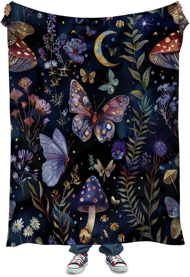 Celestial Witch Garden Throw Blankets Butterfly Moon Flower Fleece Throw Blanket,Dark Botanical Floral Plant Boho Cozy Decor Nap Blankets for Sofa Bed Couch Chair or Dorm Throws 50"x60"