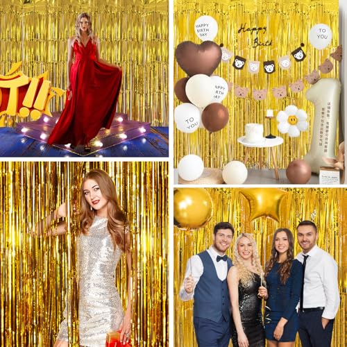 Gold Backdrop Birthday Decorations Foil Fringe Curtains 3.3x8.2ft, Party Backdrop Streamers Photo Booth Backdrop, Gold Tinsel Backdrop Door Decorations for Graduation Bachelorette New Year Eve, 2 Pack - color: Gold