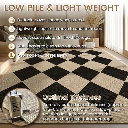 Washable Checkered Easy Jute Rug 3x5, Black Checkerboard Boho Geometric Outdoor Indoor Patio Small Rugs, Woven Non Slip Thin Neutral Carpet Door Mat for Bedroom Entryway Front Door Farmhouse - color: Checkerboard -3 Nature Black, size: 3' x 5'