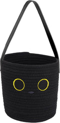 Hanging Basket, Small Black Cat Easter Woven Basket with Leather Handle, Cotton Rope Wall Storage Basket for Plants Toys Remotes (7.8x7 in)