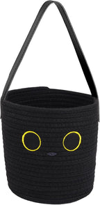 Hanging Basket, Small Black Cat Easter Woven Basket with Leather Handle, Cotton Rope Wall Storage Basket for Plants Toys Remotes (7.8x7 in)