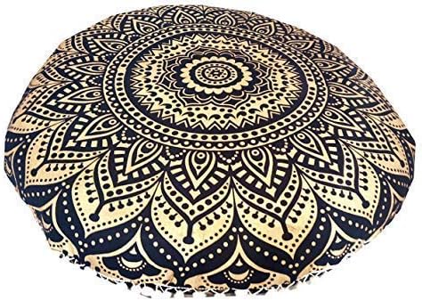 INDIAN CRAFT CASTLE 24" Gold Ombre Black Mandala Barmeri Large Floor Pillow Cover Cushion Meditation Seating Ottoman Throw Cover Hippie Decorative Zipped Bohemian Pouf Ottoman Pom Pom Cases 24" Round