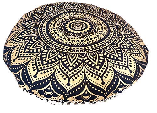 CRAFT KALA 32" Large Round Bohemian Floor Pillow Cover Boho Pouf Cover Mandala Meditation Room Pillows Cover Adults Seating Poufs Cushion Cover for Kids Reading Playroom Black Gold Ombre - color: Black Gold Ombre