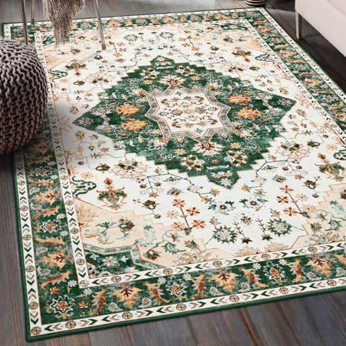 Amearea Vintage Design Area Rugs for Living Room, 4x6 Machine Washable Floral Collection Traditional Bedroom Rug, Low Pile Cute Kids Room Print Carpet, No Slip Office Kitchen Home Decor, Green - color: Green, size: 4' X 6' (Rectangular)