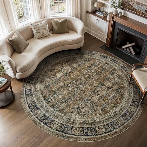 WITSHOCK 8ft Round Area Rugs for Living Room - Washable Vintage Rug Retro Antique Dark Large Non Slip Low Pile Soft Boho Indoor Floor Carpet for Bedroom Dining Room Home Decor, Brown Olive Green - color: Brown/Olive Green/Purple, size: 8' (Round)
