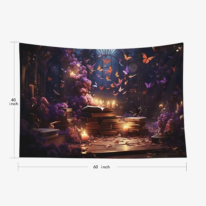 EMMTEEY Medieval Books Tapestry Wall Hanging 60X40 Inch - Mystical Butterflies Wall Decor for Living Room Fantasy Fairy Backdrop for Bedroom Dorm