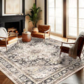 CHAMPLANT Washable Area Rug 10'x14' Black-Purple Khaki Retro Flowers Boho Design Non-Shedding Easy Care Ideal for High Traffic Areas in Living Room Bedroom Office Coffee Table Kitchen Large Carpet - color: Black-purple Khaki, size: 10' x 14' (Rectangular)