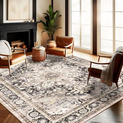 CHAMPLANT Washable Area Rug 10'x14' Black-Purple Khaki Retro Flowers Boho Design Non-Shedding Easy Care Ideal for High Traffic Areas in Living Room Bedroom Office Coffee Table Kitchen Large Carpet - color: Black-purple Khaki, size: 10' x 14' (Rectangular)