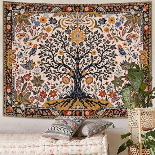 Lunerfex Folk Art Wall Tapestry - Tree of Life with Sun and Bird Wall Hanging for Bedroom and Living Room - Boho Floral Tapestries 60"x44" - color: Black Ivory, size: 60"L x 44"W