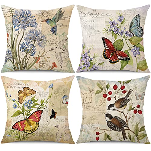 wyooxoo Farmhouse Pillow Covers 16x16 Set of 4 Spring Summer Throw Pillow Covers Linen Flower Butterfly Bird Decorative Pillowcases for Sofa Couch Living Room Outdoor - color: Color C, size: 16" x 16" (Pack of 4)