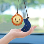 Car Rearview Mirror Hanging Ornament, Crochet Flower Basket Plant Accessory, Handmade Knitted Boho Car Ornament for Women (Sun and Moon)
