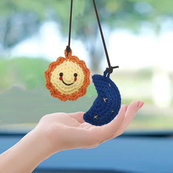 Car Rearview Mirror Hanging Ornament, Crochet Flower Basket Plant Accessory, Handmade Knitted Boho Car Ornament for Women (Sun and Moon)