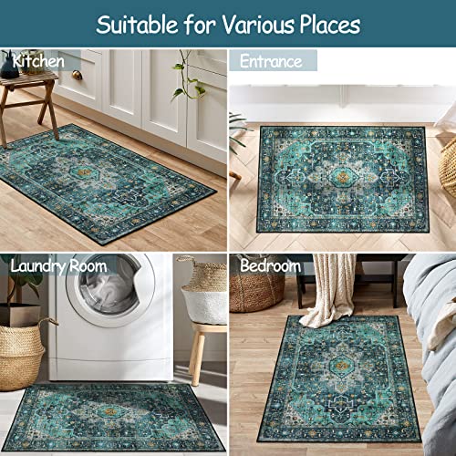 Moynesa Ultra-Thin Washable Area Rug - 2x3 Teal Small Entryway Rug Front Indoor Doormat, Boho Non-Slip Stain Resistance Low Pile Accent Carpet for Kitchen Bathroom Home Laundry Room Hall Decor - color: Teal, size: 2' x 3'