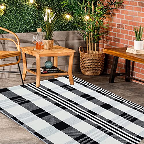 CAINANEL Buffalo Plaid Outdoor Rug Black and White Check Rug 35.4'' x 59'' Cotton Hand-Woven Checkered Front Welcome Door Mat Indoor/Outdoor Area Rug for Front Porch,Kitchen,Entry Way,Living Room - color: Black&white Plaid, size: 3' x 5' (Rectangular)