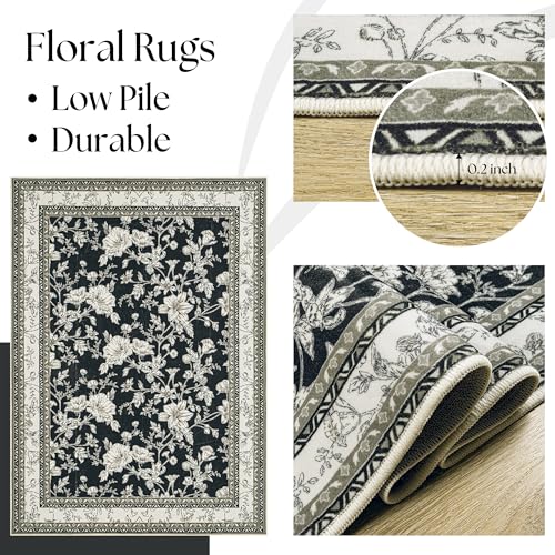 Black Floral Rug 5x7 Machine Washable Area Rug for Living Room Vintage Boho Farmhouse Low Pile Distressed Carpet for Dining Room, Bedroom Indoor Non-Slip Black Beige Taupe Flower Design Home Decor - color: Sketch Floral Black, size: 5' x 7' (Rectangular)