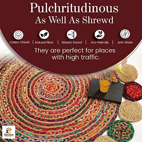 GRUHUM Round Jute Area Rug 7'ft Natural Handwoven Cotton Multi Chindi Boho Colorful Rustic Vintage Soft Braided Reversible Bohemian Rug- Indoor Outdoor Kitchen Bedroom Living Hallways 7'ft Circle - color: Multi Color- 11, size: 7' (Round)