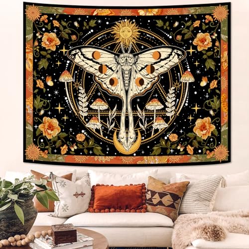 Aipon Orange Moth Tapestry Boho Retro Floral Flowers Tapestries Aesthetic Vintage Mushroom Tapestries for Bedroom Indie Sun Moon Tapestry Wall Hanging for Living Room Dorm (60'' × 44'') - color: Orange1, size: 60"L x 44"W
