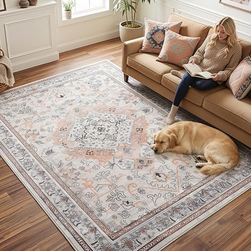 HOOBRO Washable Rug 6 x 9 Area Rugs for Living Room, Non-Slip Stain Resistant Rug, Low Pile Soft Rug Indoor Large Carpets Pet Friendly Mat, for Bedroom Kitchen Dining Room, Vintage Beige EF04AR01 - color: Vintage Beige, size: 6' x 9' (Rectangular)